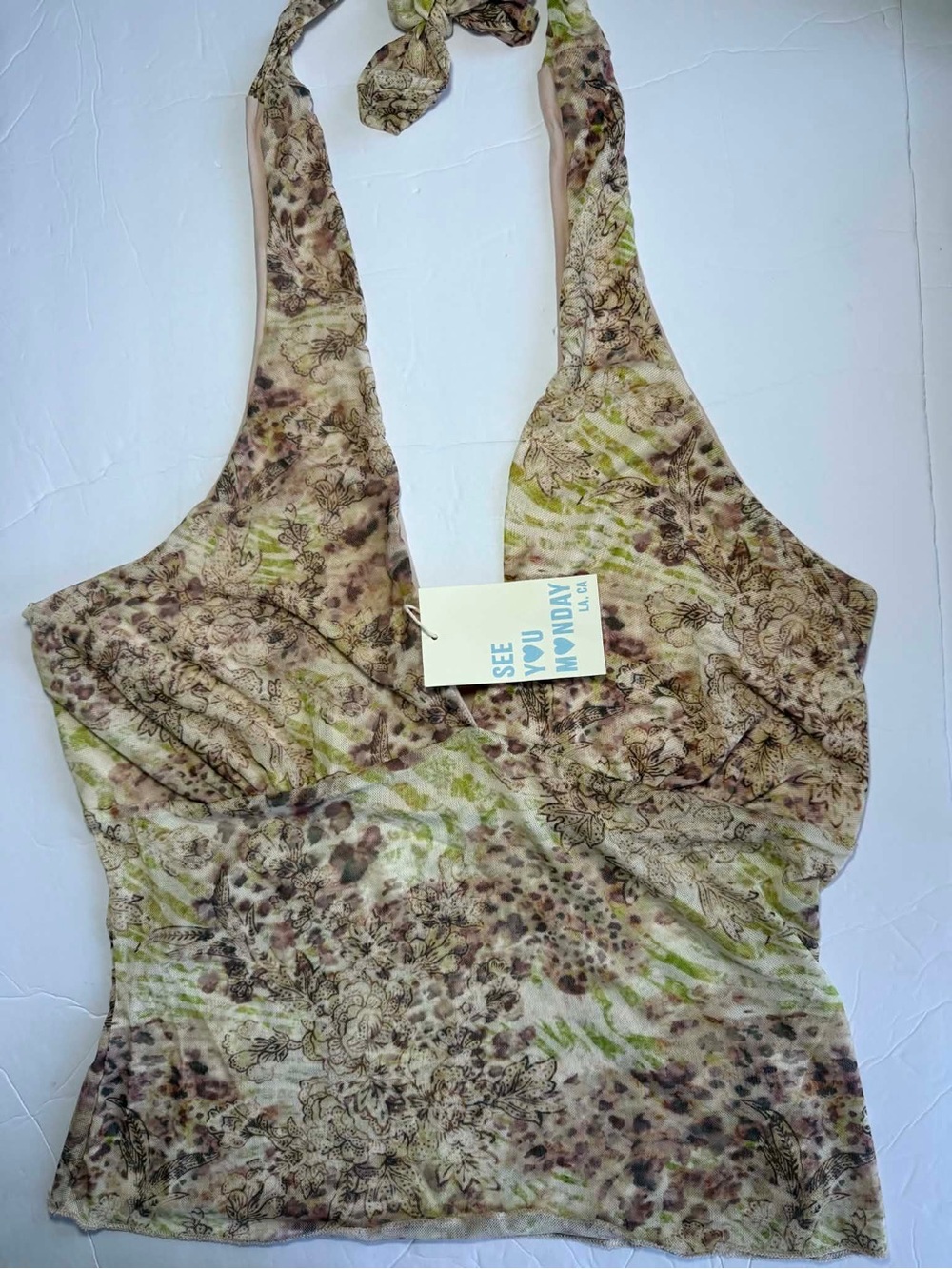 See You Monday Green Floral Halter Top - Size XL - Y2K Animal Print Grunge - NWT
